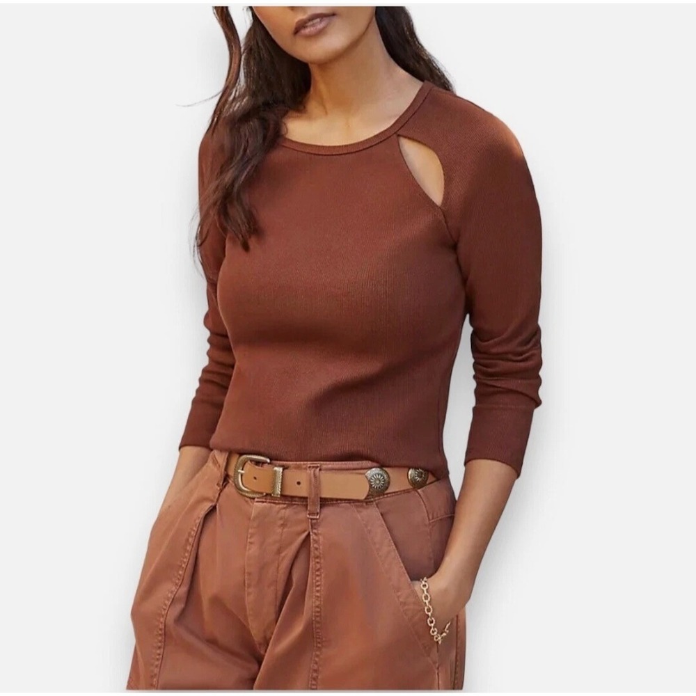 Anthropologie Women's Medium Brown Ribbed Cutout Cropped Strech Shirt